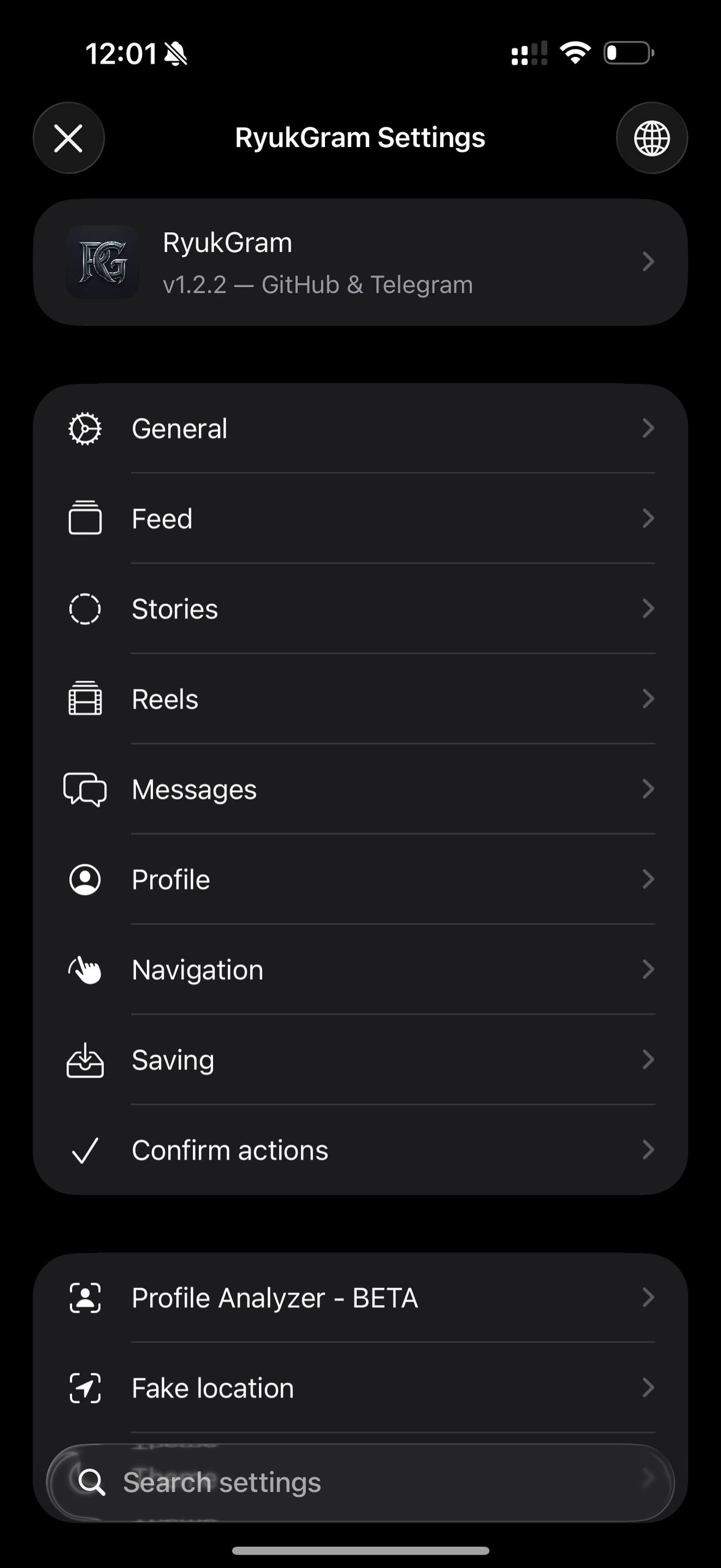RyukGram settings menu on iPhone showing Feed, Stories, Reels, Messages, Fake location tweak panels