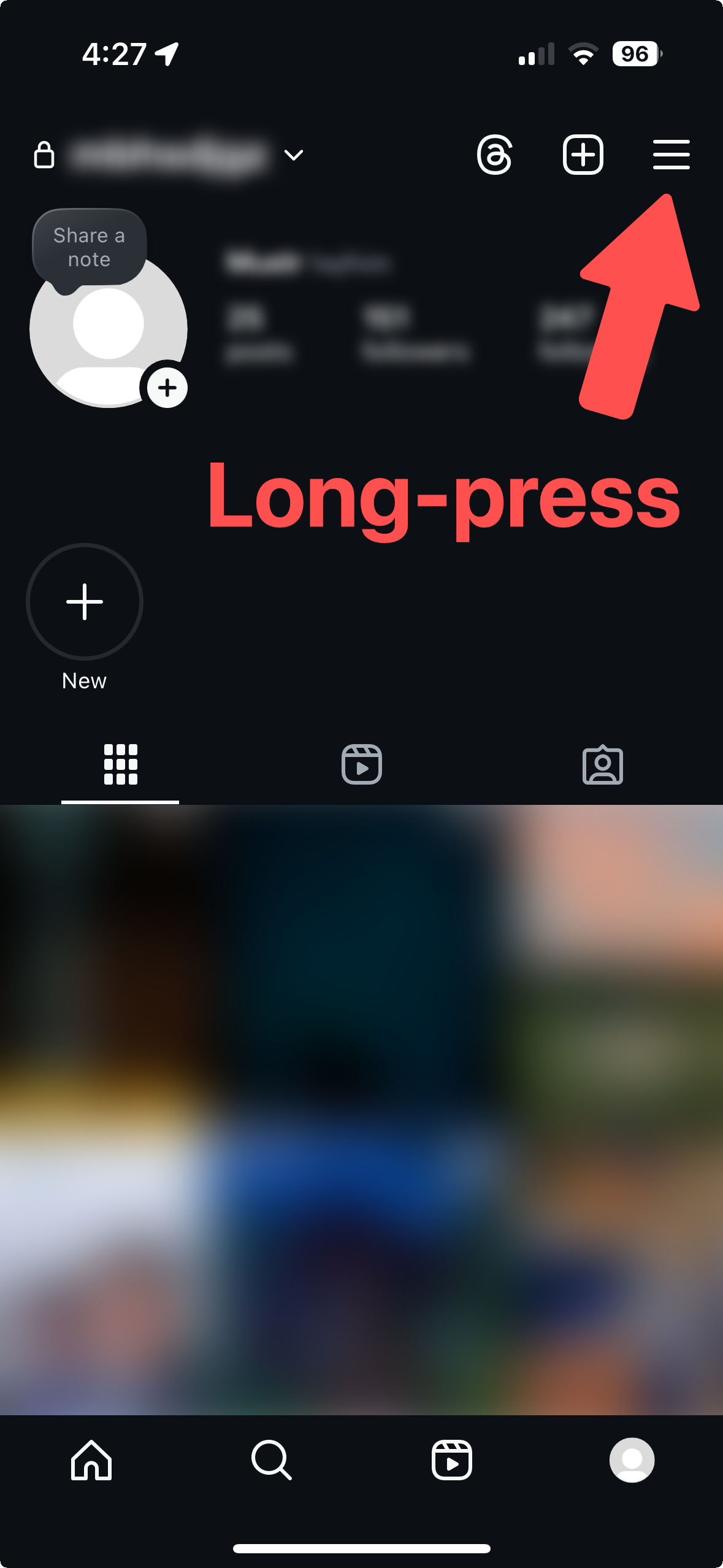 How to open RyukGram — long-press the menu button in Instagram
